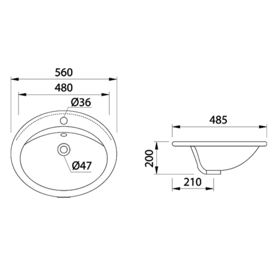 DOCASA 485mm Self Rimming Wash Basin come with single pre-punched tap hole, overflow & cap