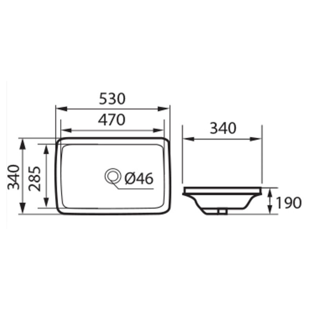 DOCASA 530mm Under Counter Basin single Pre-punched Tap Hole c/w Overflow