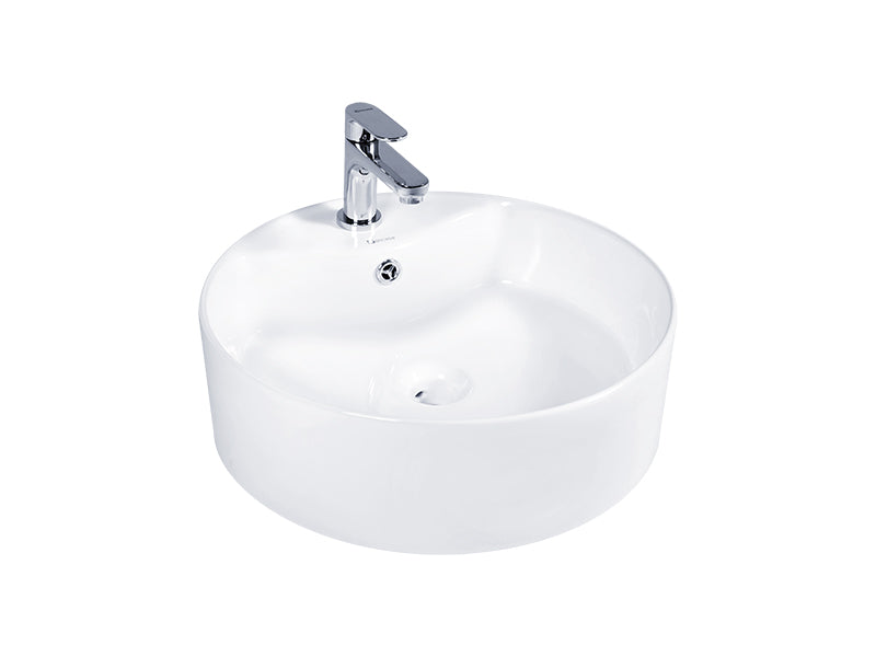 DOCASA White Round Counter Top Wash Basin come with single pre-punched tap hole, overflow & cap