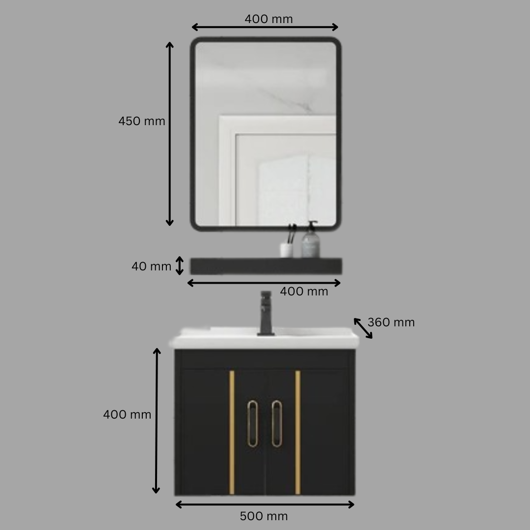 DOCASA 500mm Black Wall Hung Aluminum Basin Cabinet Set